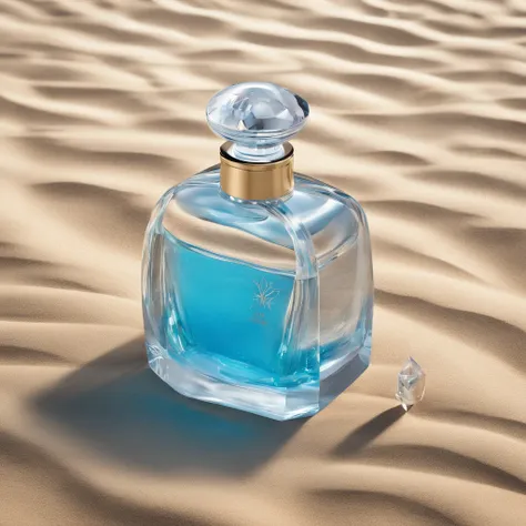 um frasco de perfume transparente, frasco de vidro moderno, blue liquid, Young inspiration, mulheres de biquini, Design com angulos retos retos e pontas arredondadas, levemente enfiado na areia de uma praia linda, Paradisiacal beach, por do sol, Transparen...