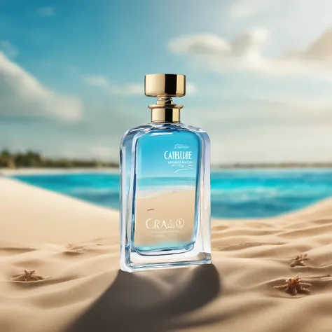 um frasco de perfume transparente, frasco de vidro moderno, blue liquid, Young inspiration, mulheres de biquini, Design com angulos retos retos e pontas arredondadas, levemente enfiado na areia de uma praia linda, Paradisiacal beach, por do sol, Transparen...