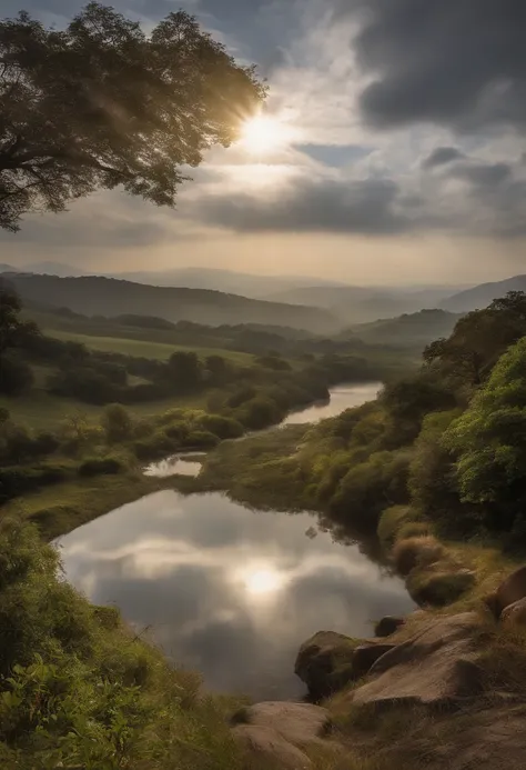 a panoramic view, luz dourada quente, A godly person raised his hand in prayer, Angel descending from heaven with a radiant aura, Peaceful countryside at sunset, 4k, NFFSW, -AR 2.35:1, The suns rays through the clouds, Foco suave, wind gently swaying tall ...