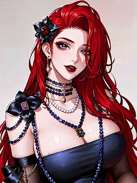 1girl, jewelry, red hair, solo, necklace, long hair, earrings, mole under mouth, red nails, petals, red lips, hair ornament, flower, black flower, pearl necklace, portrait, lipstick, makeup, grey eyes, nail polish,shiny skin, large breasts,caberuel,(mature...