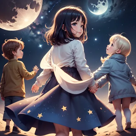 One per month,Turn your back to the front and look up at the night sky、Stars and children、dibujos animados infantiles、Smiling moon cartoon with azure sky and lots of stars cartoon,Childrens cartoon holding hands and looking up at the night sky、Cartoons are...