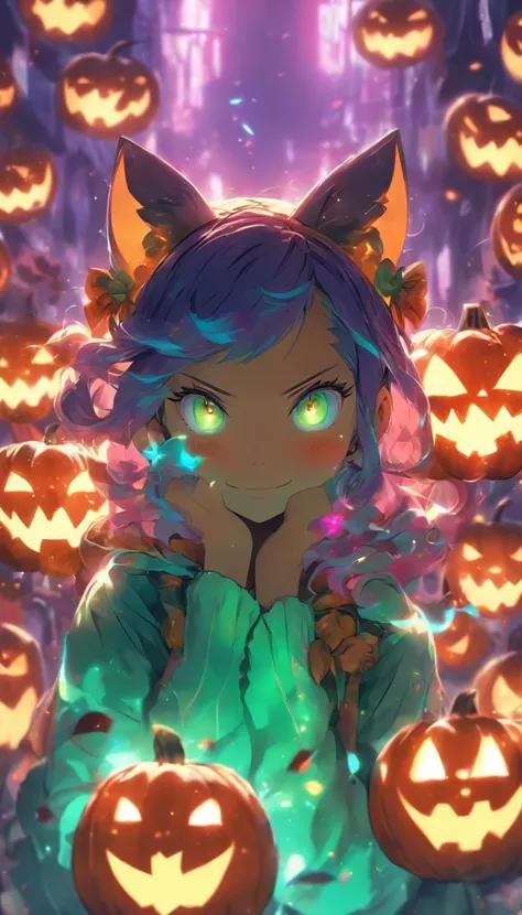 a girl holding a pumpkin in front of her face, glowing eyes, purple hair, green pumpkin, iridicent colors turqoise and purple glowing colors anime art wallpaper 8 k, anime art wallpaper 4 k, anime art wallpaper 4k, anime style 4 k, 4k anime wallpaper, anim...