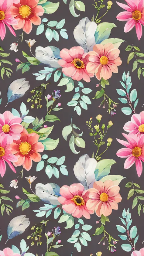 a watercolor floral pattern with pink flowers and green leaves, dark flower pattern wallpaper, floral pattern, seamless pattern design, papel de parede florido, neon floral pattern, flores florais coloridas, garden flowers pattern, motivos florais, papel d...