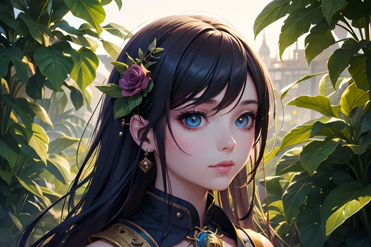 Very detailed female, Cidade Steampunk tomada por plantas ao fundo, d & d, fantasia, com flores azuis, beautiful face, hiperrealismo delicado complexo detalhado, sofisticado, cores vibrantes, Volumetric lighting, arte do surrealismo pop por Mark Ryden e An...