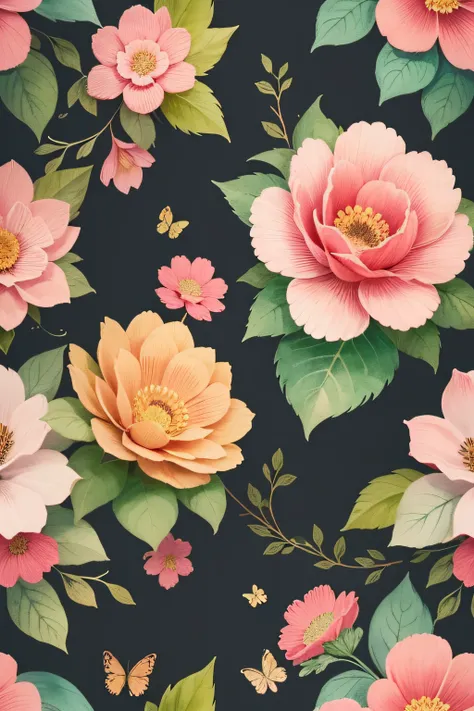 a watercolor floral pattern with pink flowers and green leaves, dark flower pattern wallpaper, floral pattern, seamless pattern design, papel de parede florido, neon floral pattern, flores florais coloridas, garden flowers pattern, motivos florais, papel d...