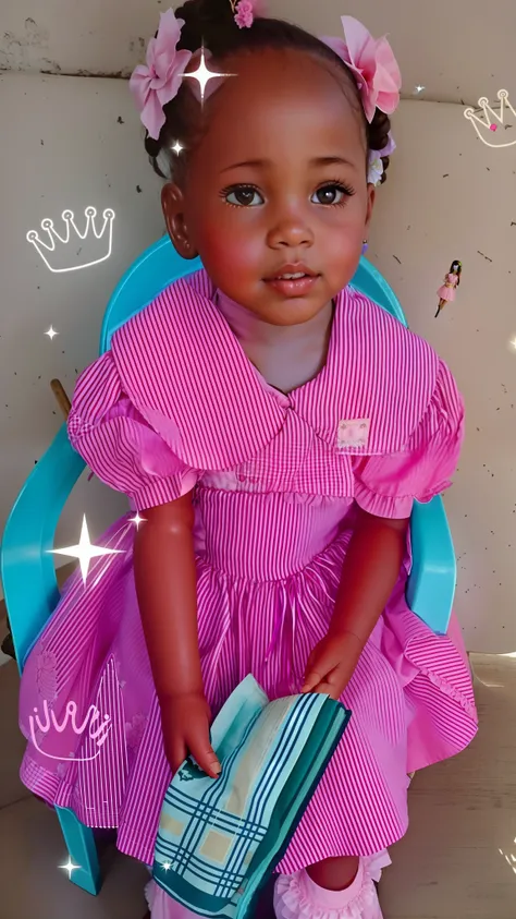 There is a doll sitting on a chair with a book, dressed in a pink dress, very very low quality picture, 4 ans, Porter une robe rose, edited, Dressed as a queen, ((saturated)), have fun. Dynamique, par Chinwe Chukwuogo-Roy, The background is celestial, full...