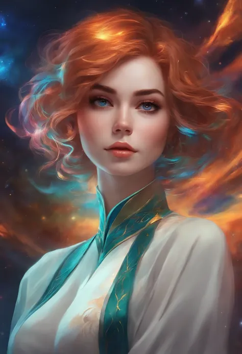 Close-up de uma mulher com cabelo colorido e colar, Anime Girl with Cosmic Hair, vitalidade suave de Ross, obra no estilo Guvez, estilo de arte de fantasia, colorido], estilo de fantasia vibrante, Ross cartoon cheio de vitalidade, cosmic and colorful, Guwe...