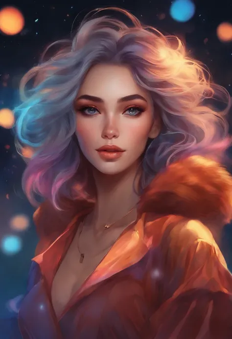 Close-up de uma mulher com cabelo colorido e colar, Anime Girl with Cosmic Hair, vitalidade suave de Ross, obra no estilo Guvez, estilo de arte de fantasia, colorido], estilo de fantasia vibrante, Ross cartoon cheio de vitalidade, cosmic and colorful, Guwe...