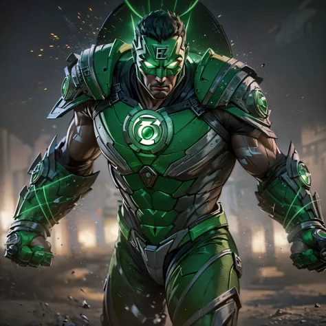 Gladiator fighter Green Lantern John Stewart. with green glowing eyes. intricate, hypermaximalist, elegant, hyper realistic, epic high details,full details,high resolution,dynamic slightblue lighting,rendering,realism,Photo-realistic, ultra realistic, octa...