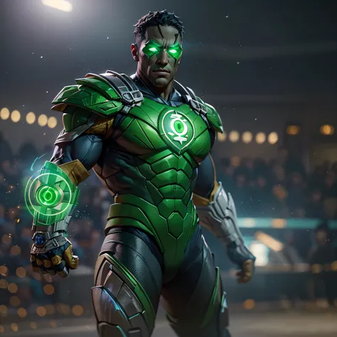 Gladiator fighter Green Lantern John Stewart. with green glowing eyes. intricate, hypermaximalist, elegant, hyper realistic, epic high details,full details,high resolution,dynamic slightblue lighting,rendering,realism,Photo-realistic, ultra realistic, octa...