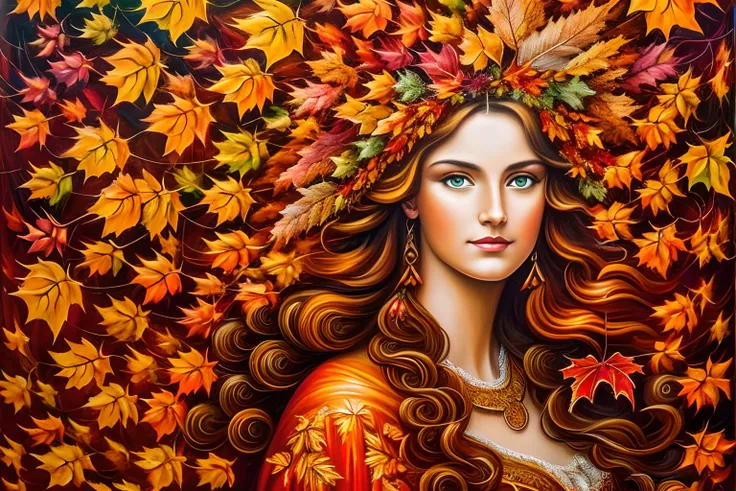 An oil painting of the autumnal equinox,a woman surrounded by autumn leaves, an airbrush painting by Josephine Wall, deviantart, psychedelic art, airbrush art, detailed painting, pre-raphaelite, 3d render, rococo art