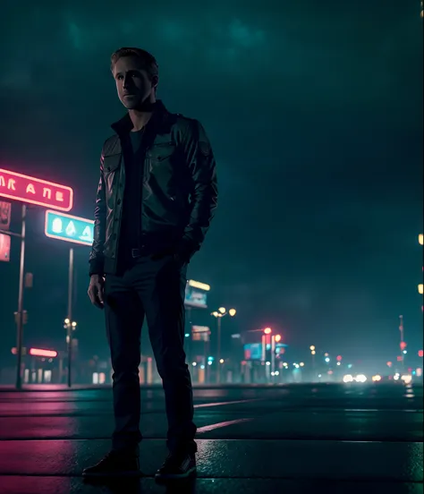 Ryan Gosling stands and smokes and looks at the landscape of the night city and its raining, (melhor qualidade,4k,8k,Altas,master part:1.2),ultra-detalhado,(Realistic,fotorrealista,photo-realistic:1.37)