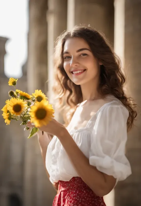 (Put on a smile, flower, White background, grin, shirt, view the viewer, Simple background, Bouquet, Upper body, Red shirt:1.3), A (self-shot:1.2) a Pretty (Young:1.5) 1girll, (Teenage:1.5), gloss on the skin, Rembrandt lighting, (CMYK hair, Wavy hair:1.36...