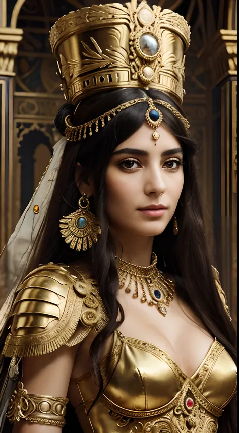 Create a realistic depiction of Cleopatra VII with her brother Ptolemy XIII after her fathers death. Draw inspiration from a known artist to capture precise details in her portrait.draw inspiration from the works of artist Gustave Moreau for this portrayal...