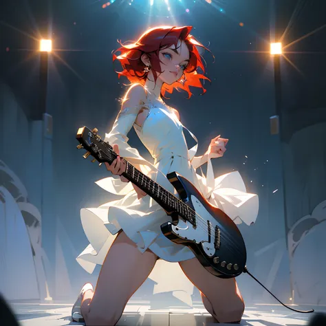 (Extremely detailed), (Ultra-detailed), Realistic, In a small live music club, (Full body shot), Various lighting effects used in live concerts, (Photos with motion blur from moving subjects), 17 years old girl, guitarrist, Highly detailed electric guitar,...