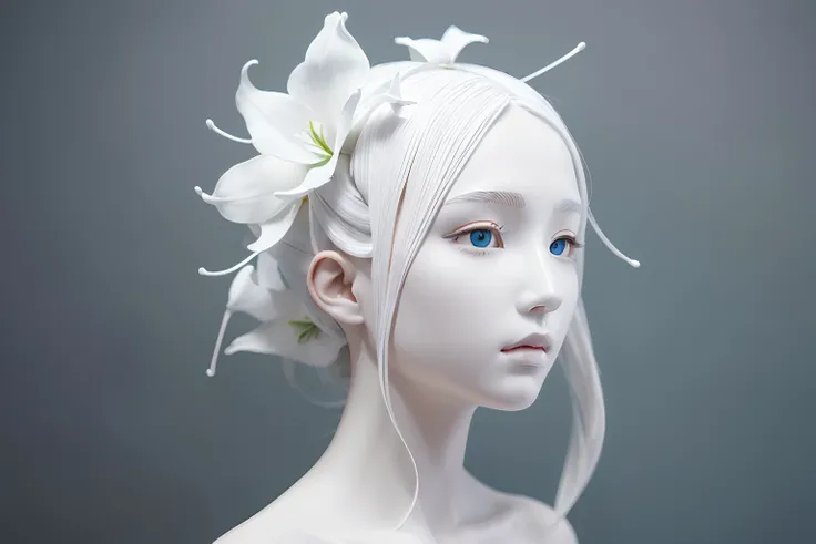 Full head and shoulders, beautiful female porcelain sculpture by daniel arsham and james jean, smooth, all white features on a white background, delicate facial features, white eyes, white lashes, detailed tangled white lillies and lillie leaves on the hea...