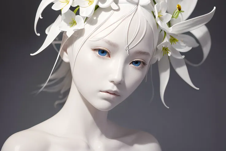 Full head and shoulders, beautiful female porcelain sculpture by daniel arsham and james jean, smooth, all white features on a white background, delicate facial features, white eyes, white lashes, detailed tangled white lillies and lillie leaves on the hea...