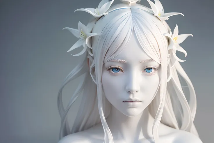 Full head and shoulders, beautiful female porcelain sculpture by daniel arsham and james jean, smooth, all white features on a white background, delicate facial features, white eyes, white lashes, detailed tangled white lillies and lillie leaves on the hea...