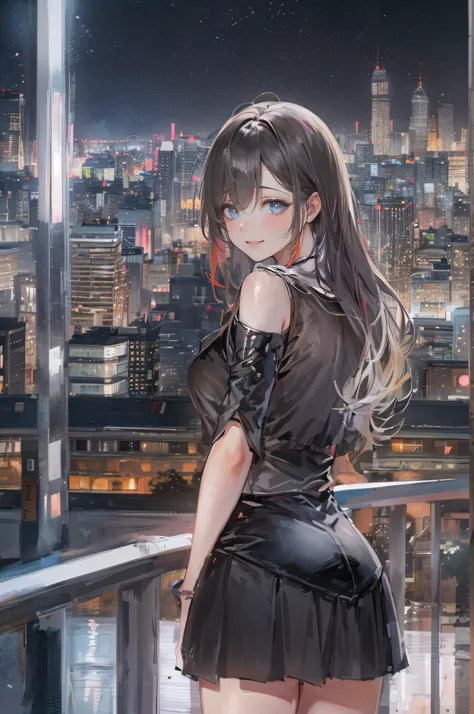 ((A beautiful and cute woman is changing her clothes)), ((A 22-year-old beauty)), ((A shy smile)), ((Long shiny hair)), ((A plump bust)), ((Miniskirt)), ((Blouse)), ((Gradient eyes)), ((The background is a night view of the city)), Attractive makeup, Singl...