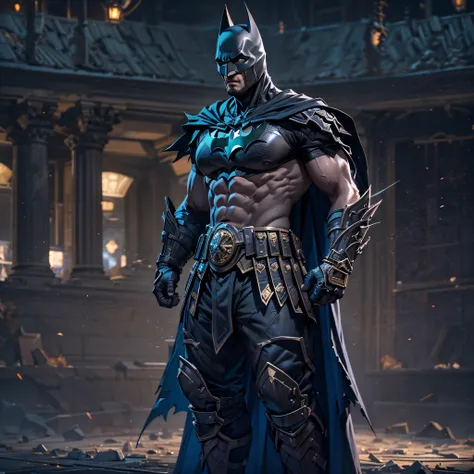 Gladiator fighter Batman. tattered black cape. intricate, hypermaximalist, elegant, hyper realistic, epic high details,full details,high resolution,dynamic slightblue lighting,rendering,realism,Photo-realistic, ultra realistic, octane render, unreal engine...