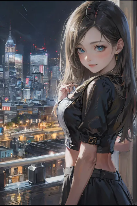 ((A beautiful and cute woman is changing her clothes)), ((A 22-year-old beauty)), ((A shy smile)), ((Long shiny hair)), ((A plump bust)), ((Miniskirt)), ((Blouse)), ((Gradient eyes)), ((The background is a night view of the city)), Attractive makeup, Singl...