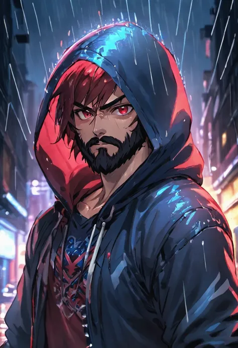 Closeup photograph, confident, virile male with a beard, wearing a hoodie with red and blue designs on it, in a rain soaked street at night, photorealistic, cinematic lighting