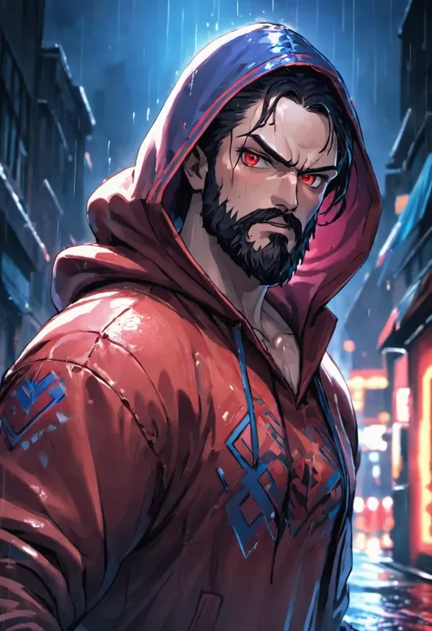 Closeup photograph, confident, virile male with a beard, wearing a hoodie with red and blue designs on it, in a rain soaked street at night, photorealistic, cinematic lighting