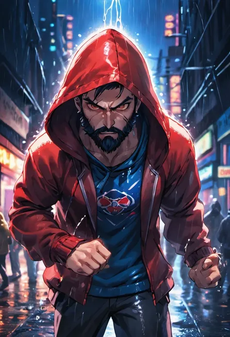 Closeup photograph, confident, virile male with a beard, wearing a hoodie with red and blue designs on it, in a rain soaked street at night, photorealistic, cinematic lighting