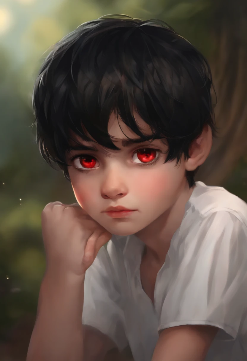 boy, little boy , 12 yearold , cute black hair , red eyes , crying ,