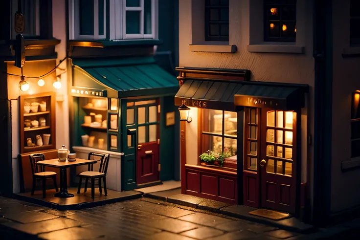 Miniature cafe diorama macro photography, cafe for mice, alleyway, ambient, atmospheric, british, bokeh, romantic