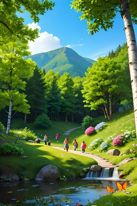 mountain path, fir trees, birch trees, children playing, flowers, butterflies, flying birds, landscape, birds chirping, sunlight...