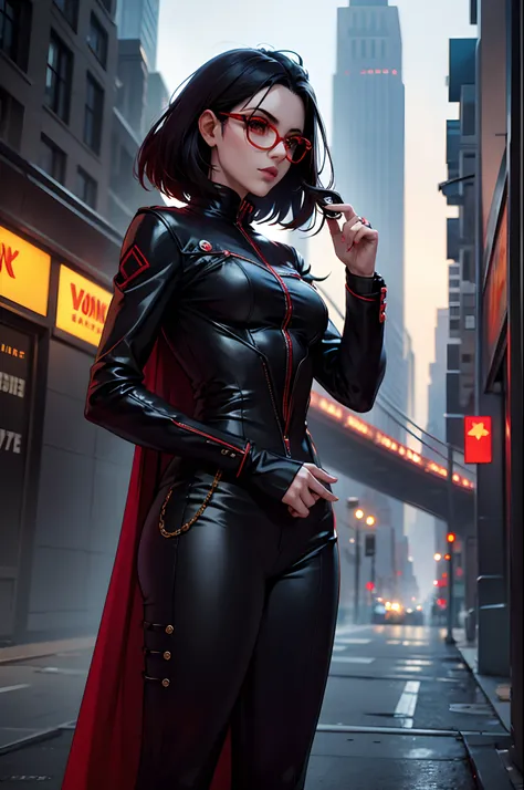 Vampiros na cidade de Nova York, noite, de cabelo curto preto, olhos azuis, sobretudo, usando armas de fogo, coturno, roupa de couro, dias de chuva, 8k, cidade Nova York, espartilho, jaqueta de couro, round glasses with red lens.