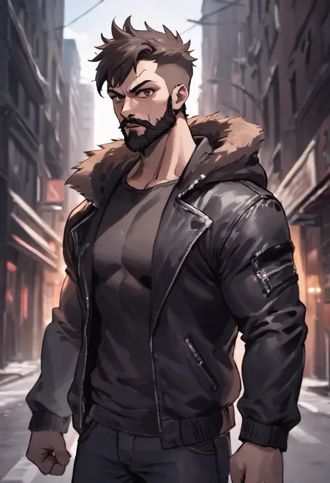 Closeup photograph, confident, virile muscular male with a beard and small wolf ears, wearing a black jacket, in a empty street, photorealistic, cinematic lighting