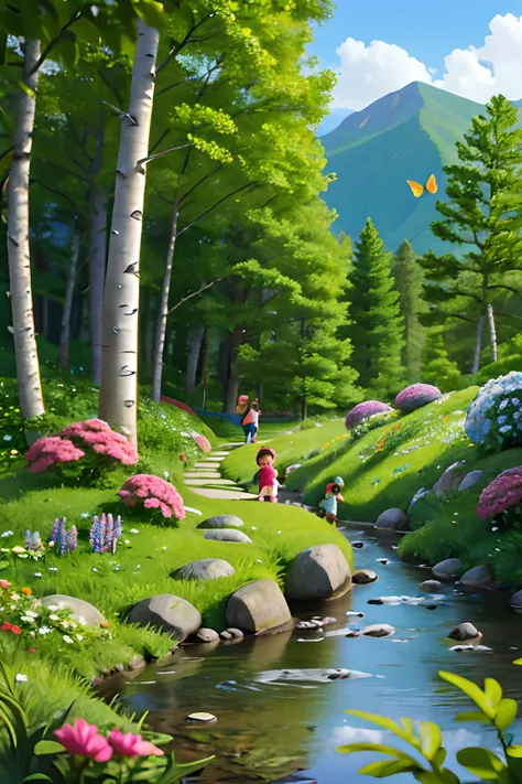 mountain path, fir trees, birch trees, children playing, flowers, butterflies, flying birds, landscape, birds chirping, sunlight...