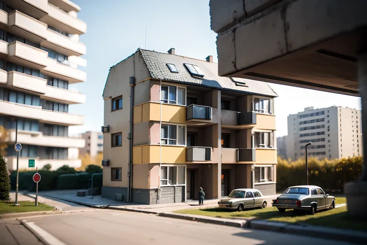 detailed miniature diorama a soviet residential building, brutalism architecture, car parking nearby, elderly man passing by, sunny day, warm and joyful atmosphere, summer, streetlamps, several birches nearby