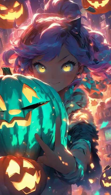 a girl holding a pumpkin in front of her face, glowing eyes, purple hair, neon, iridicent colors turquoise and purple and green glowing colors anime art wallpaper 8 k, anime art wallpaper 4 k, anime art wallpaper 4k, anime style 4 k, 4k anime wallpaper, an...