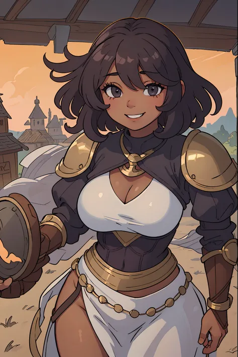 1girl, solo, female, standing, (short curly tan hair, hair covering eyes), (((hair over eyes))), smiling, dark skin, glossy lips, big breasts, hands behind back, fantasy village, facing viewer, thick thighs, gamberson, knight, steel armor, cleavage, muscul...