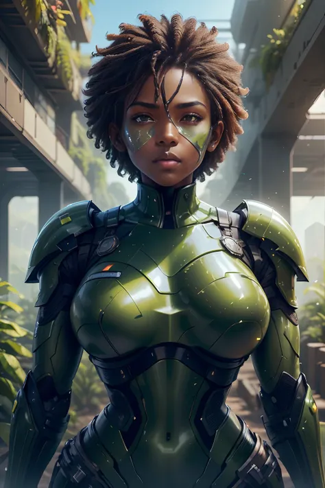 solarpunk military officer, ebony, dark skin, soft curves, perfect body, perfect abs, strong sense of three-dimensional, futuris...