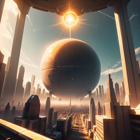 This is a futuristic city like a human utopia where it has a giant sun and the technology is solar