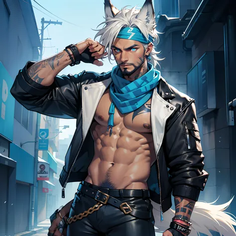 muscular male with short beard and dark tanned skin, has long flowing white hair, has wolf ears, has wolf tail, wearing punk leather pants, wearing an 80s jacket, shirtless, solo, alone, has glowing blue eyes, covered in blue tribal tattoos, wearing bandan...