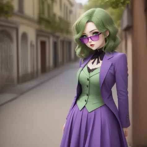 Chica anime hermosa, lo gothic, pelo verde con rayitos rosados, gafas Rayban Aviator color verdes, Gothic suit green and purple