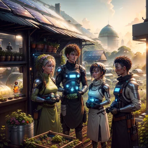 group of solarpunk travelers, the cook cooks the soup, modern tent, bioarmor, futuristic rifle, ( farm: solar panels on roofs, g...