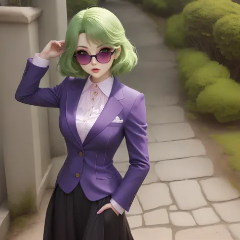 Chica anime hermosa, lo gothic, pelo verde con rayitos rosados, gafas Rayban Aviator color verdes, Gothic suit green and purple