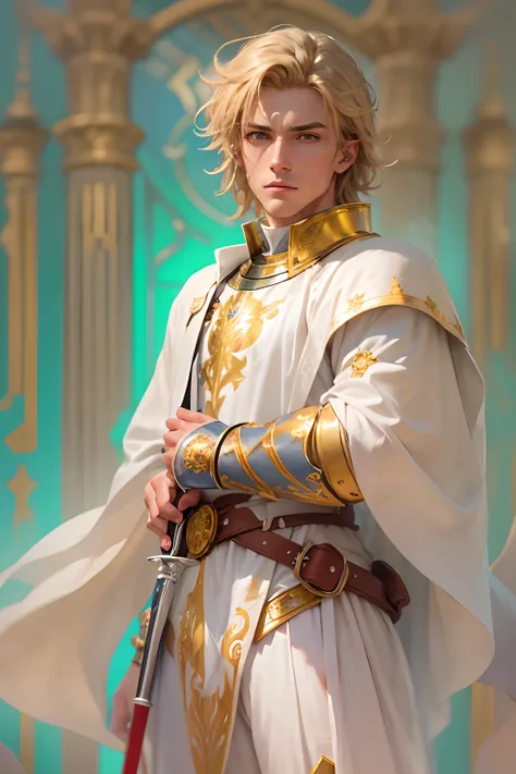 A knight with almost blond brown hair combed back, wearing a white tunic and over it a golden robe with white, with boots covering the white pants and a saber dressed on the belt. His eyes are light blue and his gaze is stunned