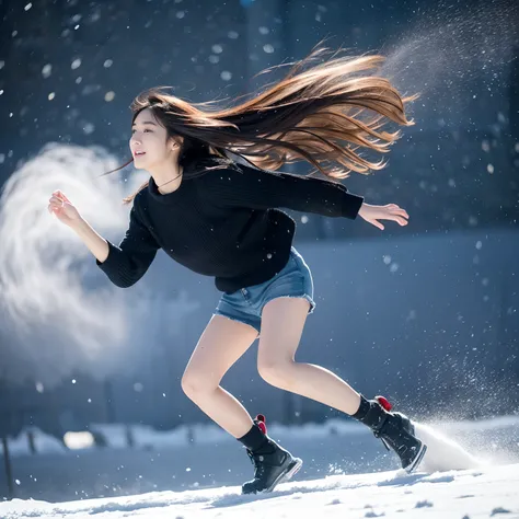 A Japanese Lady、beauitful face、二重まぶた、Longhaire、voluminous hair、Black sweater、Micro shorts、hotpants、beauty legs、landing、tall、Raw feet、Height 175 cm、Black pin heels、landing、Oyuki、snow blowing、snow cover、heavy wind、Snowstorm is not visible ahead、Hair flutteri...