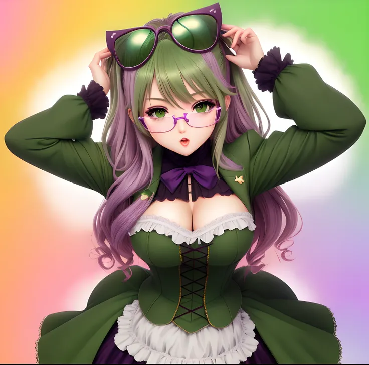 Chica anime hermosa, gotic, pelo verde con rayitos rosados, gafas Rayban Aviator color verdes, Green and purple gothic costume