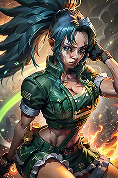 um close up de uma pessoa com cabelo azul e uma roupa verde, Personagem de King of Fighters, personagem de jogo de luta, Personagem de videogame, Personagem jogo de luta, Leona Heidern, Pose de luta, Melhor qualidade