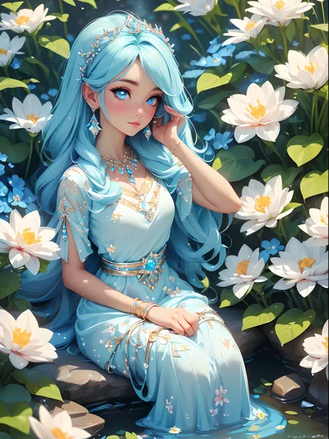 ((a close body portrait of an attractive beautiful goddess sitting beside a small stream surrounded by colorful flowers)), ((dressed in a long linen blue dress with decorations of crystal light blue pieces of jewelry and now white flowers.)) she has blue c...