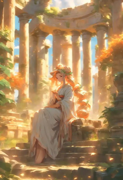 the best quality, very high resolution, detailed 4K CG, master piece,A man sitting on a stone, oracle,soft smoke,seer,fortune teller,Ancient Roman style, ancient garden behind her, beautiful aesthetics, Huge pillars and flowers, beautiful ancient garden be...