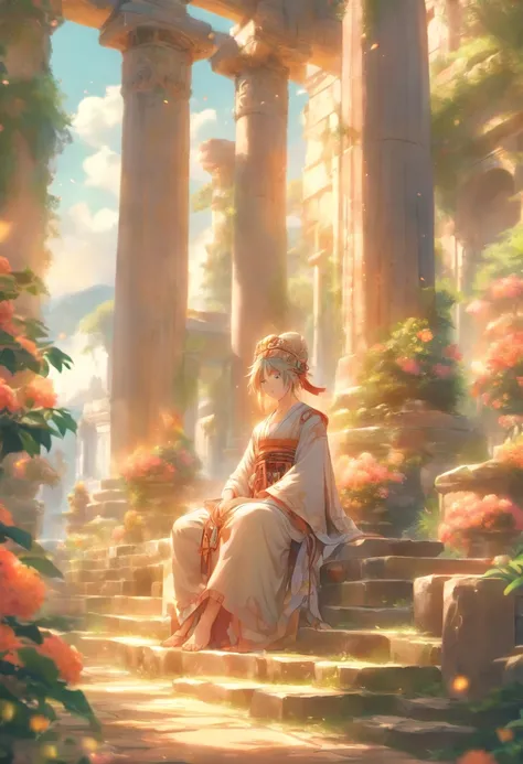 the best quality, very high resolution, detailed 4K CG, master piece,A man sitting on a stone, oracle,soft smoke,seer,fortune teller,Ancient Roman style, ancient garden behind her, beautiful aesthetics, Huge pillars and flowers, beautiful ancient garden be...